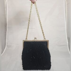 Vintage Black and Gold Beaded Purse w/ Adjustable chain strap Made in Hong Kong